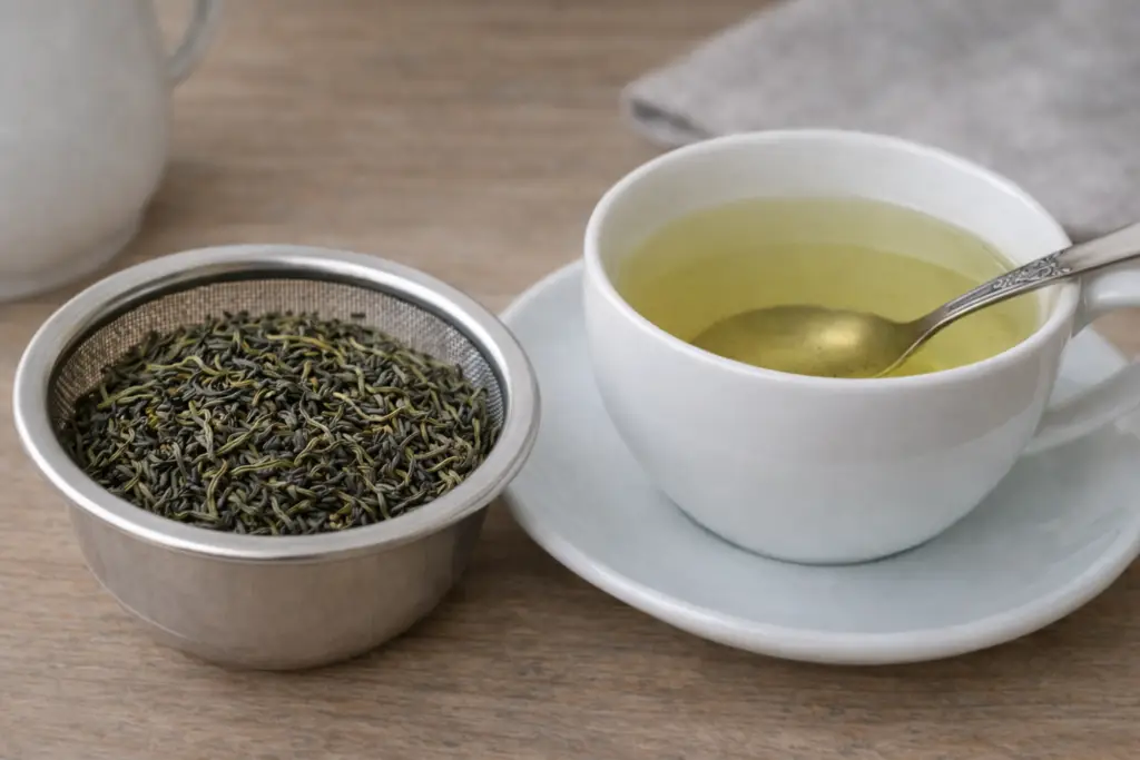 Infusion claire de thé vert en perles dans une tasse en porcelaine
