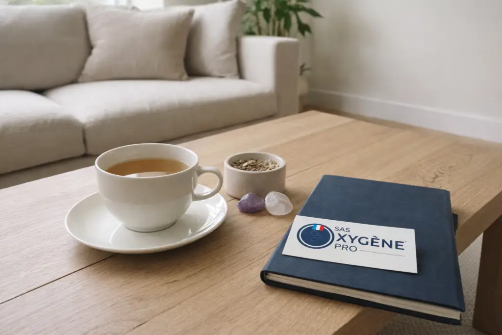 Alimentation bien-être Oxygène Pro avec thé en porcelaine design, mobilier durable et univers art de vivre professionnel