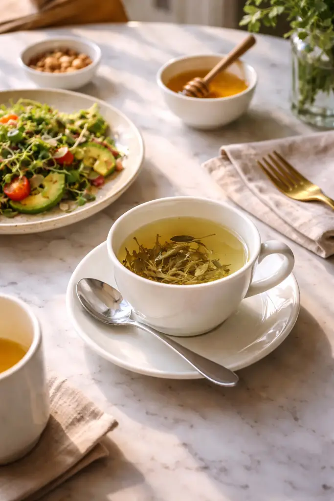 Thé blanc en feuilles servi à table avec un plat léger