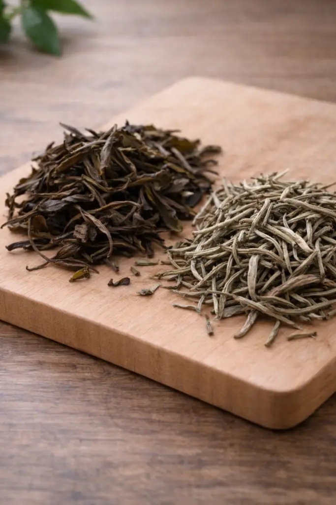 Feuilles et bourgeons de Camellia sinensis utilisés pour la production de thé blanc
