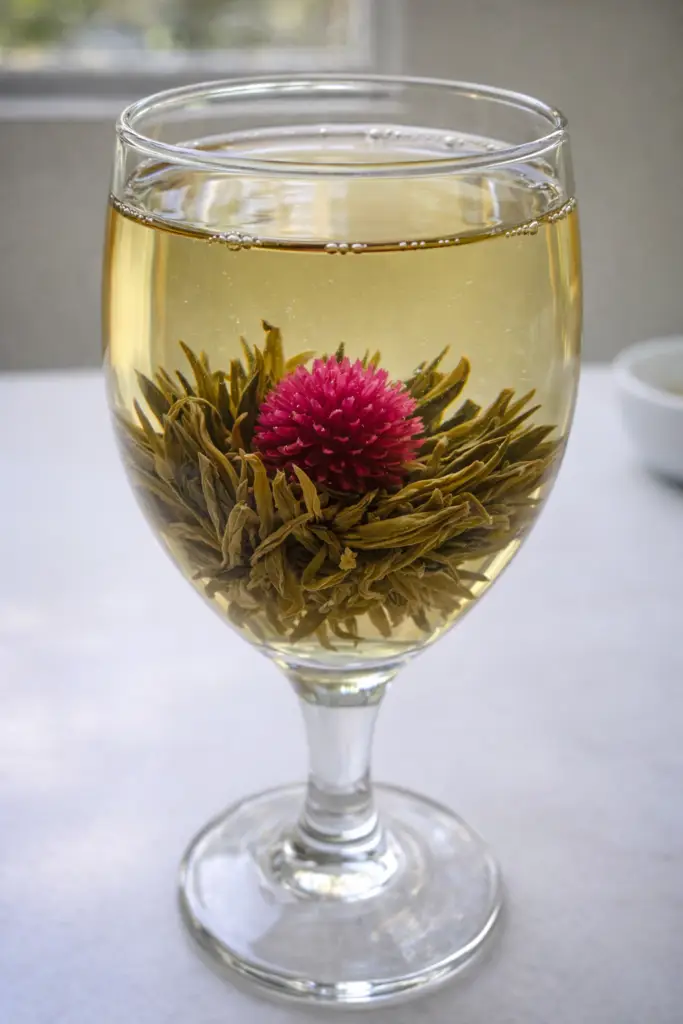 Boule de thé vert intégrant une fleur d’amarante