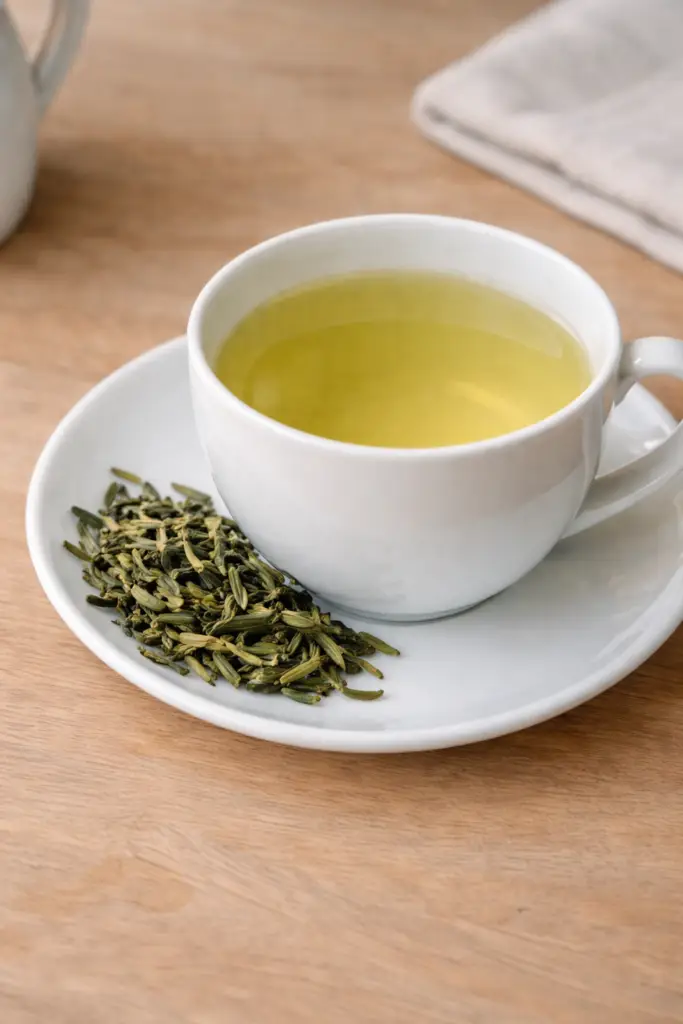 Feuilles de thé vert infusées montrant une liqueur claire et lumineuse