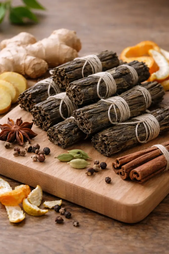 Thés verts en rouleaux parfumés avec des ingrédients naturels