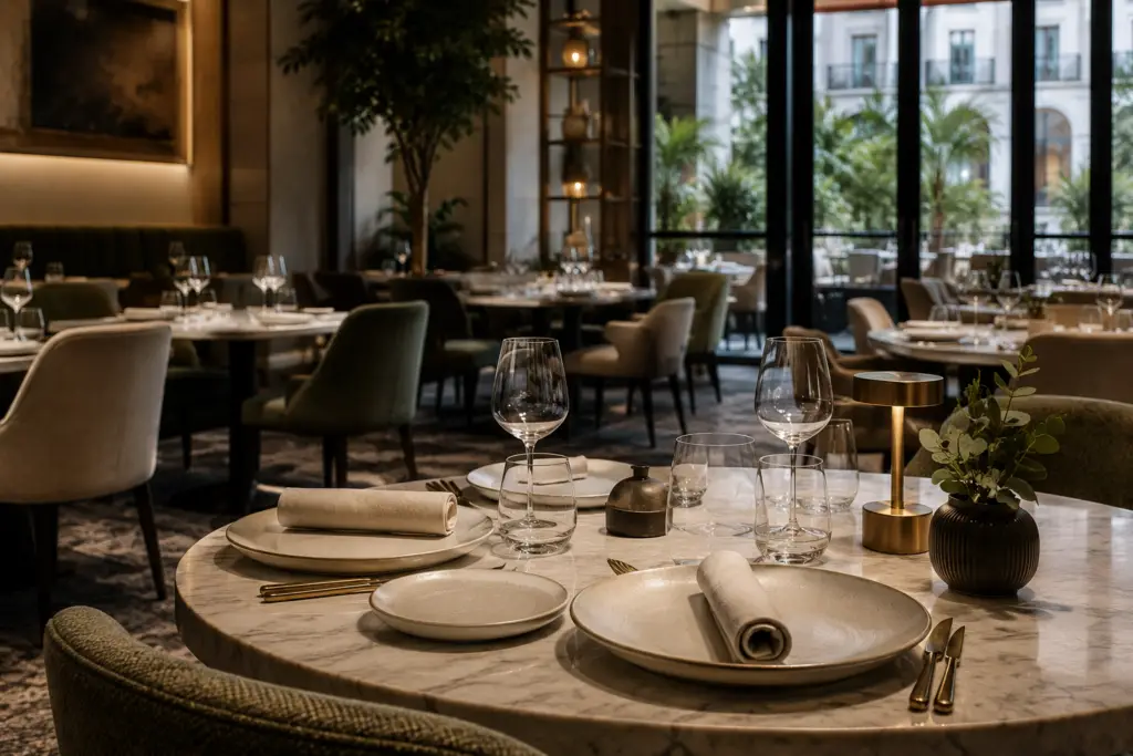 Restauration haut de gamme : salle de restaurant avec porcelaine et ambiance soignée pour hôtels et restaurants.