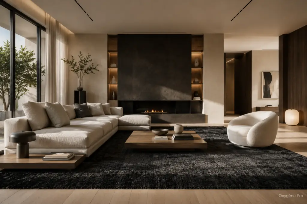 Tapis noué main en laine et soie sélectionné par Oxygène Pro pour des projets d'architecture d'intérieur haut de gamme.